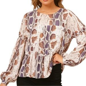 TCEC Brown and Cream Tiered Blouse Snake Print Reptile‎ Long Sleeves